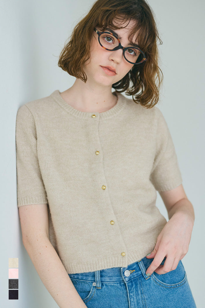 ゴールドボタン半袖ニットカーディガン レディース メール便不可