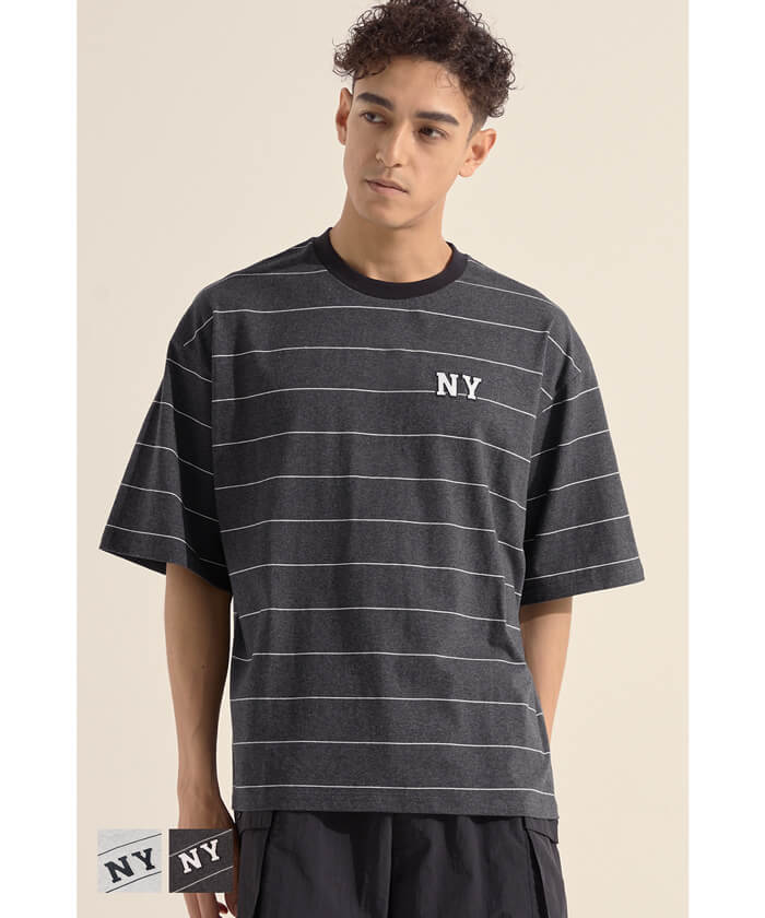 Tシャツ メンズ カットソー ボーダー ワッペン 英字 半袖 プルオーバー 