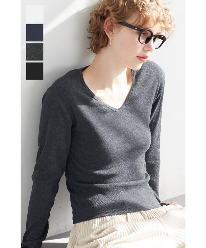 セール☆1290円→550円 リブVネックトップス レディース メール便不可