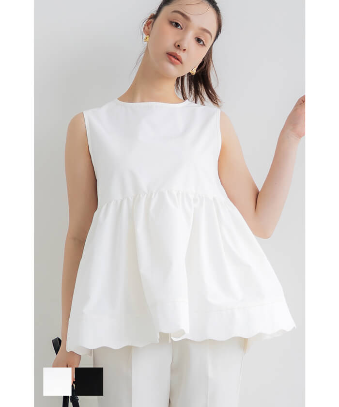 LINKABLE スカラップノースリーブ ブラウス ブルー リンカブル LINKABLE スカラップノースリーブ ブラウス ブルー リンカブル