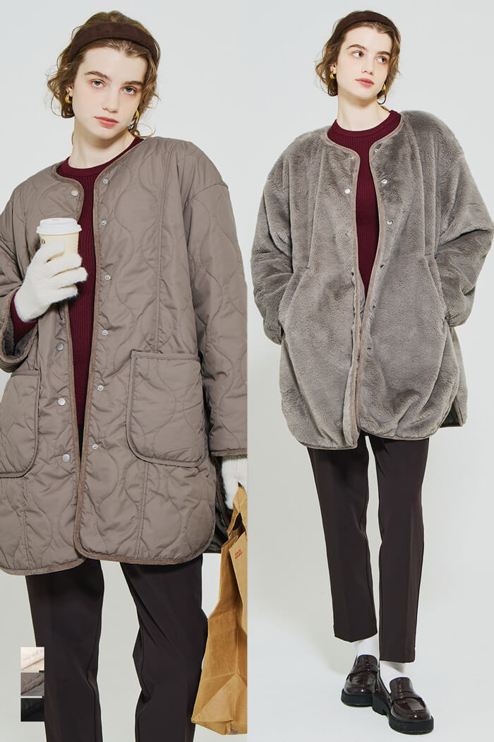 ウォッシャブル リバーシブルファーキルティングミドルコート