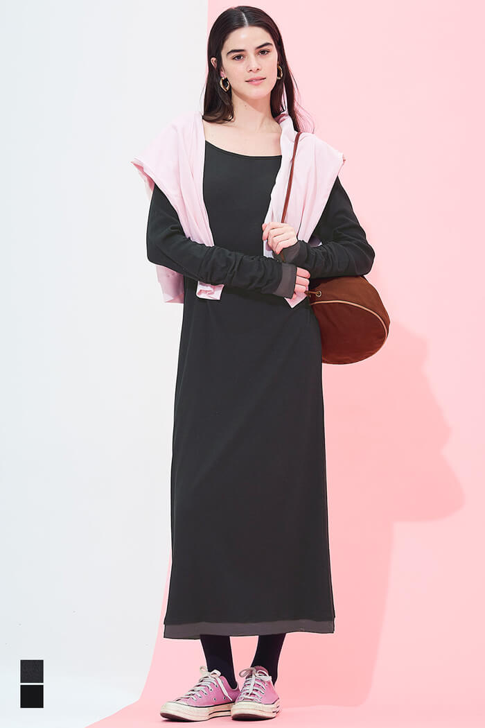 セール☆2690円→1490円袖シャーリングレイヤードワンピース