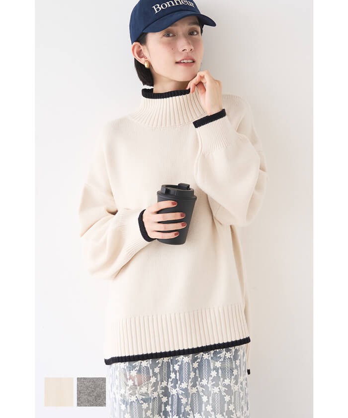 セール☆2690円→1990円配色ハイネックニットトップス レディース