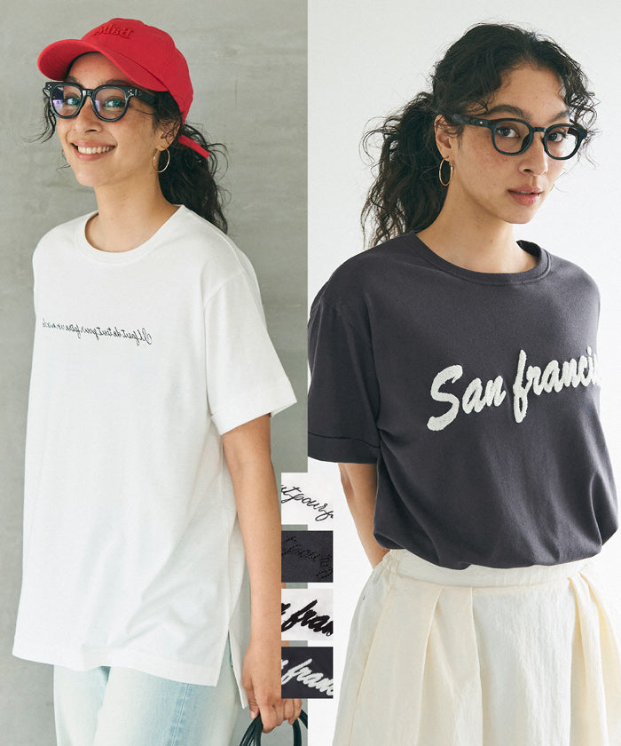 Tシャツ レディース カットソー 半袖 ロゴTシャツ 刺繍 英字ロゴ クルーネック 天竺 伸縮性 ミディアム丈 薄手 メール便可 24ss –  coca公式ストア