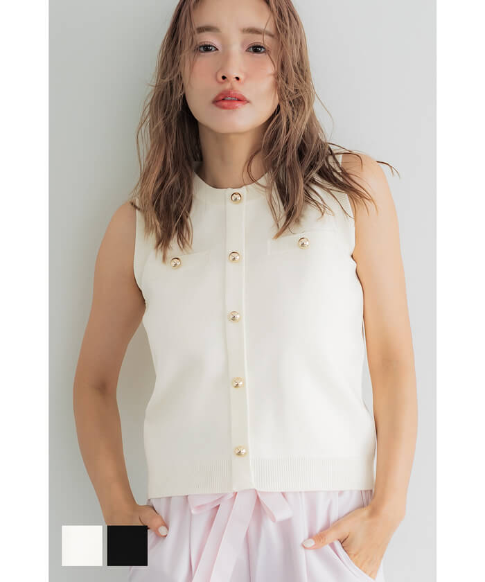 未使用タグ付　Rene ノースリーブ　ケーブルニット 36 ホワイト 麻混 セール☆1990円→1490円 ゴールドボタンノースリーブニットプル