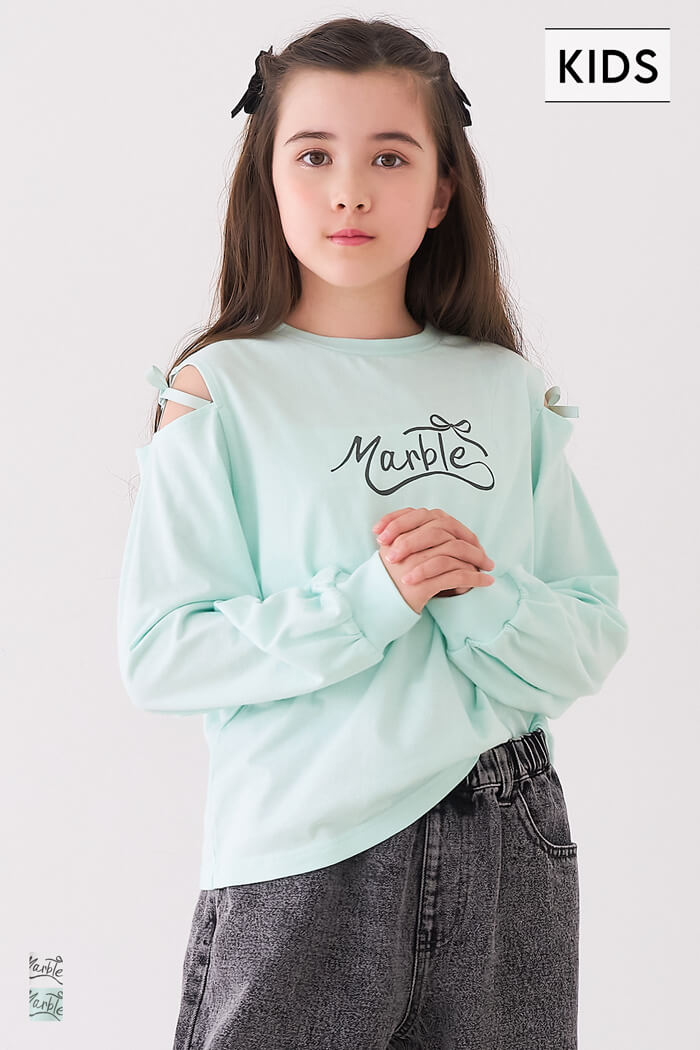 ご購入者様決定【美品✦SPINNS】ギンガムチェック 肩あきカットソー 袖リボン パープル セール☆1290円→550円 肩あきリボン長袖Tシャツ キッズ メール便不可