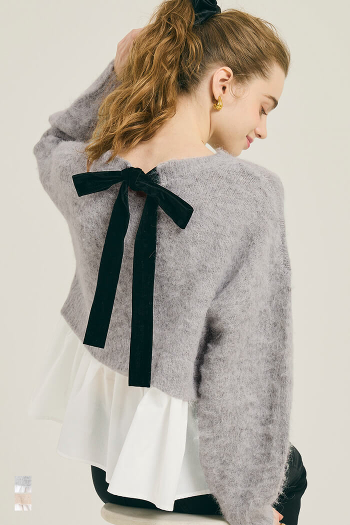 バックリボン異素材ドッキングニットトップス レディース メール便不可