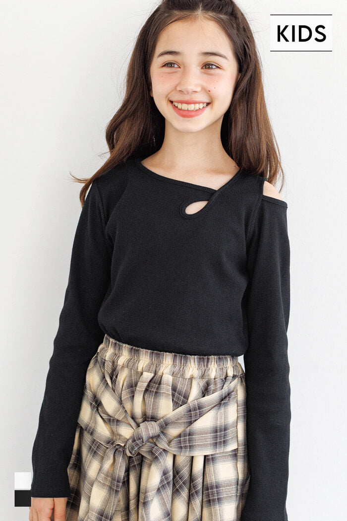 セール☆990円→550円 リブアシメ肩あき長袖Tシャツ メール便不可