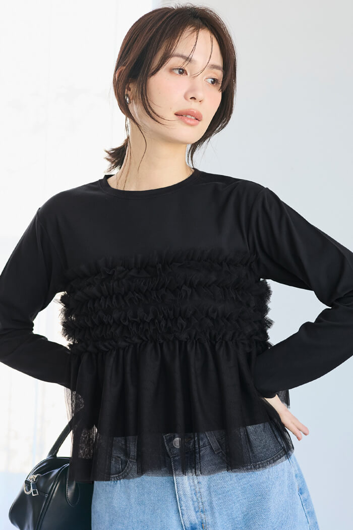 シルキータッチチュールドッキング長袖Tシャツ レディース メール便