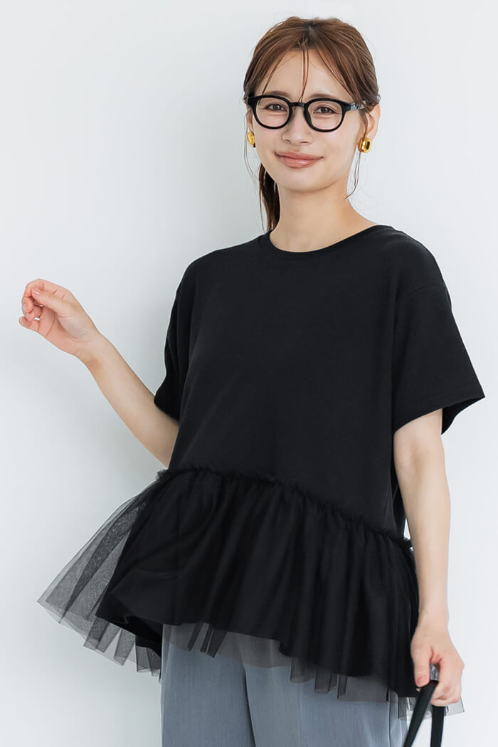セール☆1990円→1690円 チュールドッキングギャザーTシャツ
