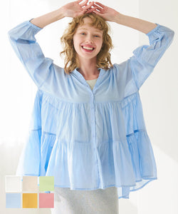 女式襯衫女式多層襯衫薄紗透明帶領氣球袖 100% 純棉透明可郵寄