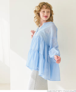 Blouse Ladies Tiered Blouse Gauze Sheer Band Collar Balloon Sleeve 100% Cotton Transparency Mail Delivery Available