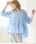 Blouse Ladies Tiered Blouse Gauze Sheer Band Collar Balloon Sleeve 100% Cotton Transparency Mail Delivery Available