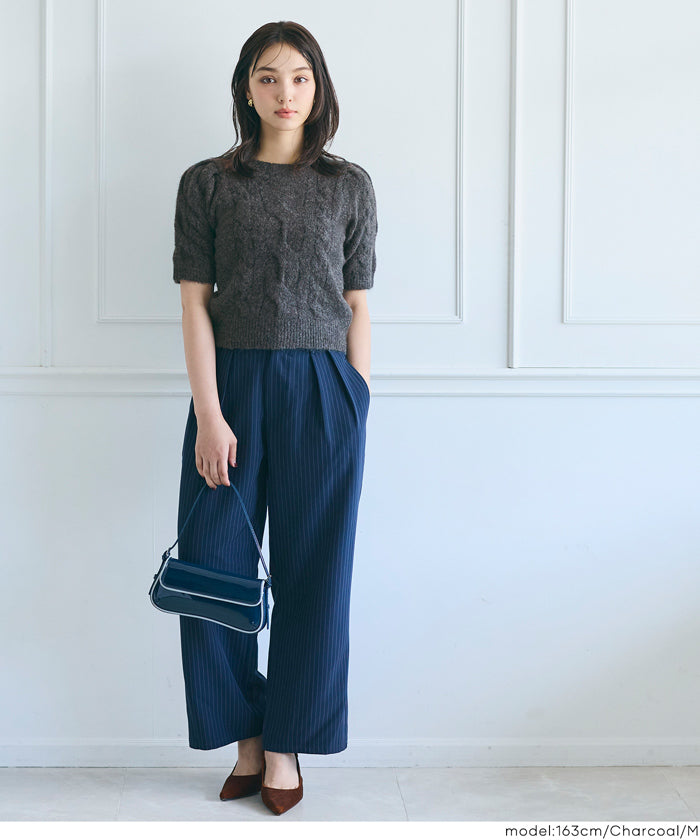 新品タグ付き！半袖ケーブルニットセーター ネイビー ワンポイント刺繍ケーブル半袖ニット【洗濯機OK】（ニット