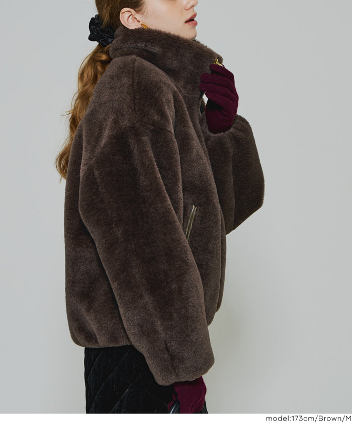 coca フェイクファースタンドカラーブルゾン ブラウン　L セール☆4990円→3990円 フェイクファースタンドカラーブルゾン