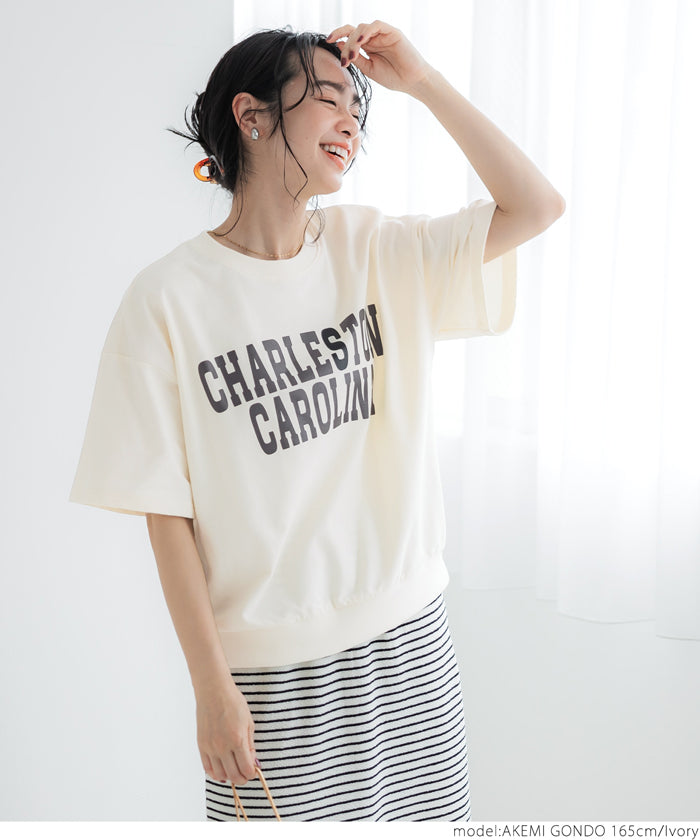 セール★1690円→990円 スウェット レディース カットソー Tシャツ ロゴ プリント 英字 五分袖 半袖 クルーネック 裏毛 コットン ミディアム丈 メール便不可 24ss coca コカ