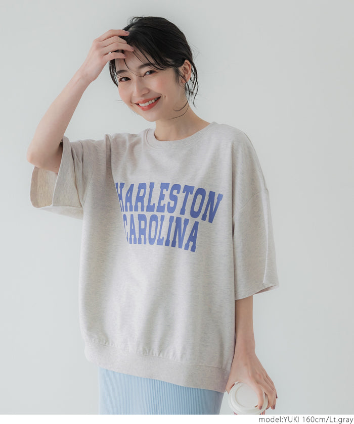 セール★1690円→990円 スウェット レディース カットソー Tシャツ ロゴ プリント 英字 五分袖 半袖 クルーネック 裏毛 コットン ミディアム丈 メール便不可 24ss coca コカ