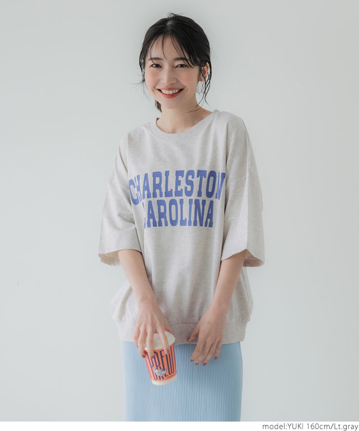 セール★1690円→990円 スウェット レディース カットソー Tシャツ ロゴ プリント 英字 五分袖 半袖 クルーネック 裏毛 コットン ミディアム丈 メール便不可 24ss coca コカ