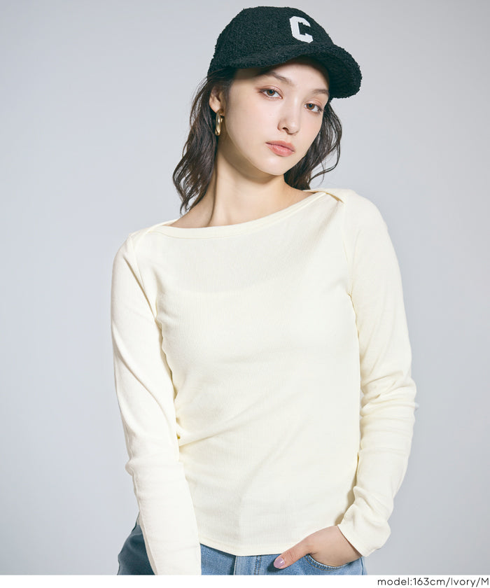 セール☆1290円→990円 リブボートネックカットソー レディース メール