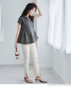 Cut and sewn ladies T-shirt, French sleeve, flared tuck, switching between different materials, docking, short sleeves, medium length, plain fabric, mail delivery possible, 23ss