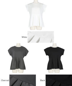 Cut and sewn ladies T-shirt, French sleeve, flared tuck, switching between different materials, docking, short sleeves, medium length, plain fabric, mail delivery possible, 23ss