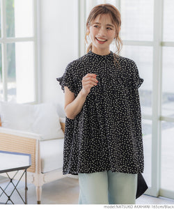 Sleeve frill blouse ladies deformation dot French sleeve flare stand collar gathered A line mail delivery available coca