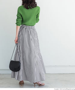 Flare skirt Ladies' skirt gingham check gathered flare long length pocket waist rubber thin mail delivery possible 23ss coca coca