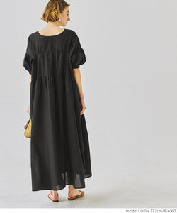 Puff Sleeve Dress Women's Long Dress V Neck Puff Sleeve Short Sleeve Drop Shoulder Plain Simple Loose No Mail Delivery 23ss coca coca