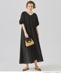 Puff Sleeve Dress Women's Long Dress V Neck Puff Sleeve Short Sleeve Drop Shoulder Plain Simple Loose No Mail Delivery 23ss coca coca