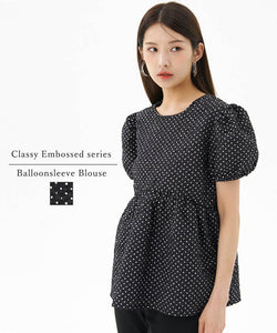 Blouse ladies elegant embossed embossed dot pattern balloon sleeve volume sleeve back ribbon switching short sleeves no mail delivery 23ss coca coca