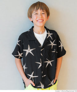 [Kids 100-130] [Mail delivery available mrb] Children's clothing shirt short-sleeved shirt starfish pattern open collar shirt chest pocket regular color boy parent-child matching coca coca