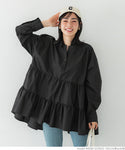 Sale 2990 yen → 2490 yen Blouse Women's Tiered Skipper Blouse Flared Middle Length Skipper Shirt Broad Front and Back Difference Plain Long Sleeve No Mail Delivery 23ss coca coca