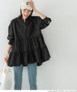 Sale 2990 yen → 2490 yen Blouse Women's Tiered Skipper Blouse Flared Middle Length Skipper Shirt Broad Front and Back Difference Plain Long Sleeve No Mail Delivery 23ss coca coca