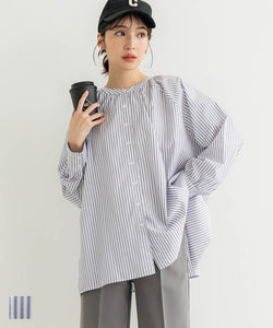 Shirt Women's Gathered Striped Band Collar Long Sleeve Oversized