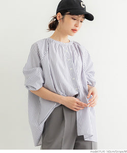 Shirt Women's Gathered Striped Band Collar Long Sleeve Oversized