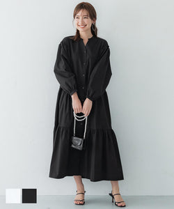 Sale 2690 yen → 1990 yen Dress Women's Tiered Shirt Dress V-Neck Maxi Length Shirt No Collar Open Front Plain Long Sleeve No Mail Delivery 23s