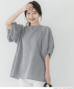 Blouse ladies gingham check crew neck A line lantern sleeve volume sleeve flare short sleeve no mail delivery 23ss coca coca