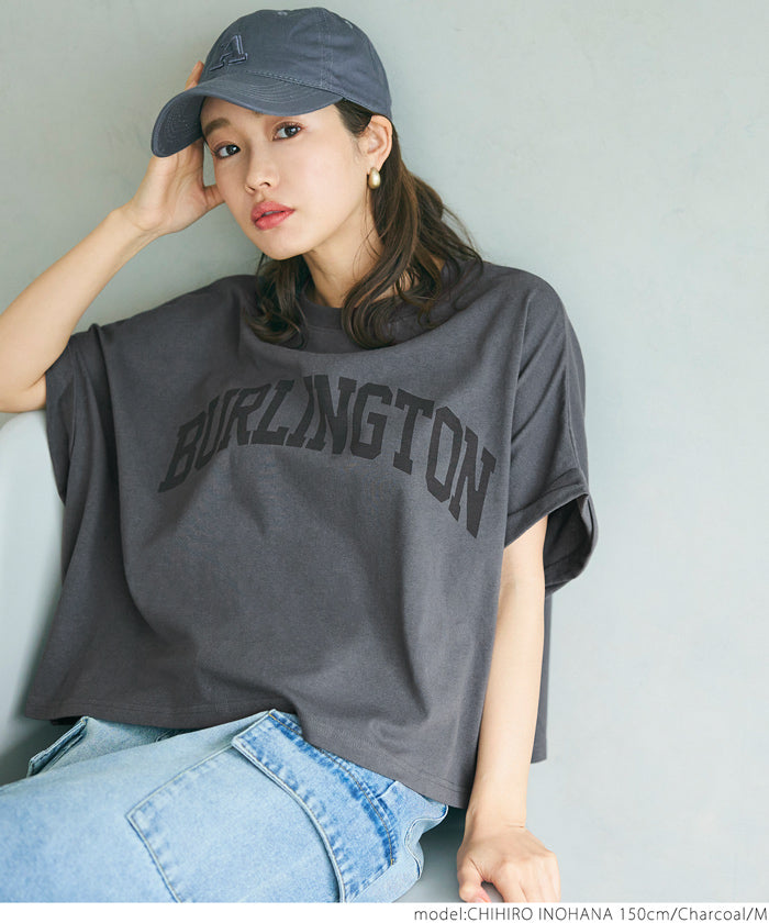 カットソー レディース Tシャツ フレンチスリーブ ロールアップ プリント 英字 ロゴ クルーネック コットン 半袖 メール便不可 24ss coca コカ