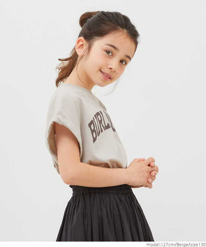 キッズ 110-140 Tシャツ カットソー フレンチスリーブ ロールアップ プリント ロゴ クルーネック コットン 半袖 女の子 親子お揃い 子供服 メール便可