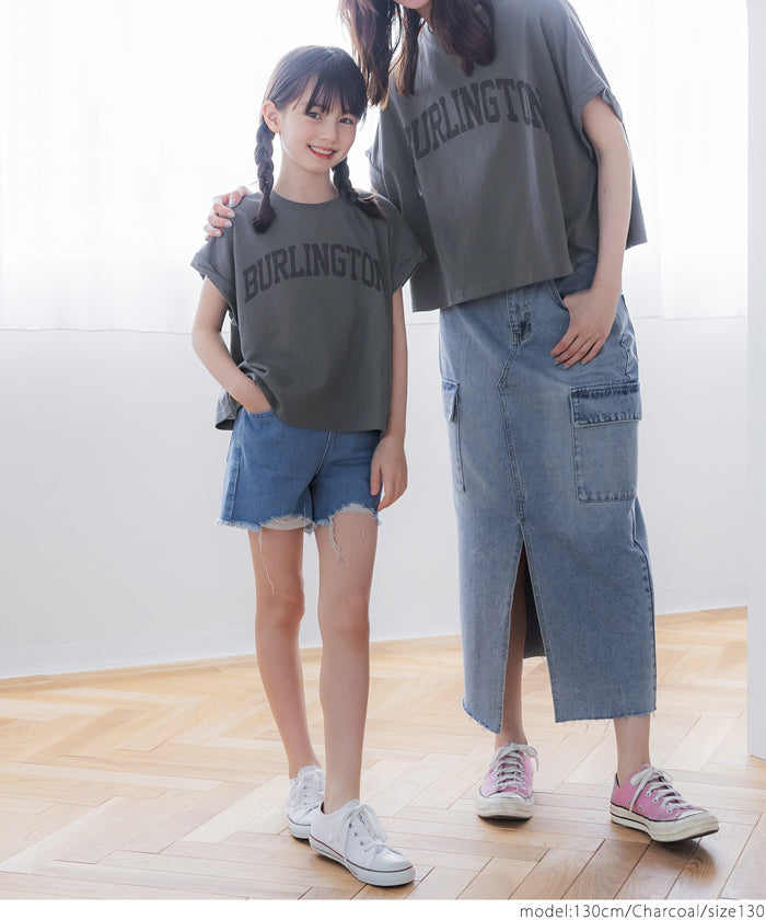 キッズ 110-140 Tシャツ カットソー フレンチスリーブ ロールアップ プリント ロゴ クルーネック コットン 半袖 女の子 親子お揃い 子供服 メール便可