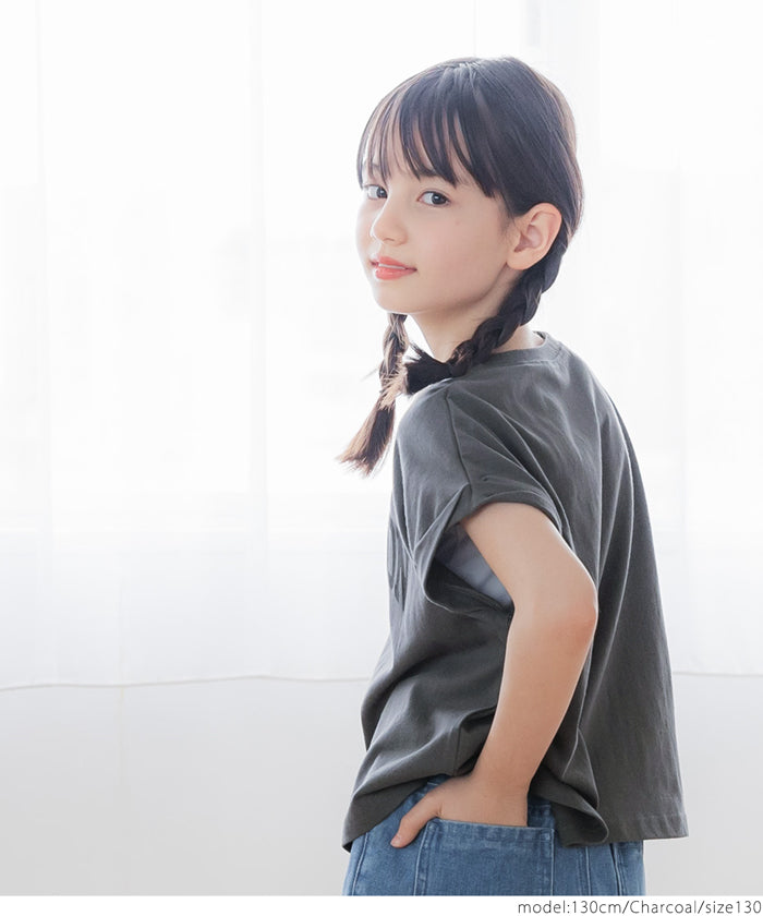 キッズ 110-140 Tシャツ カットソー フレンチスリーブ ロールアップ プリント ロゴ クルーネック コットン 半袖 女の子 親子お揃い 子供服 メール便可