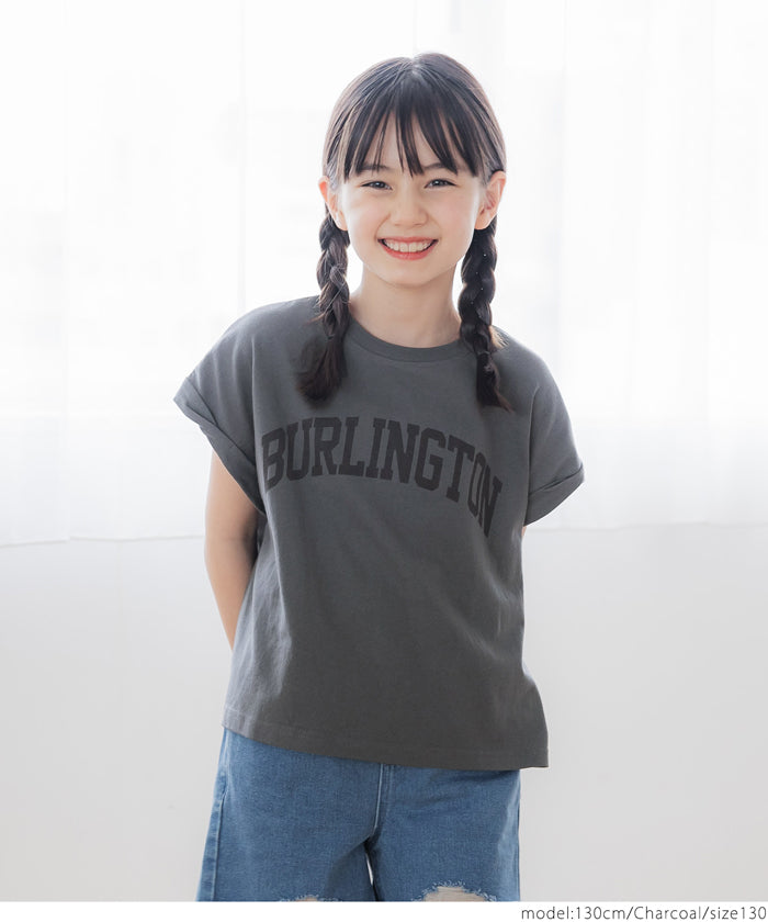 キッズ 110-140 Tシャツ カットソー フレンチスリーブ ロールアップ プリント ロゴ クルーネック コットン 半袖 女の子 親子お揃い 子供服 メール便可