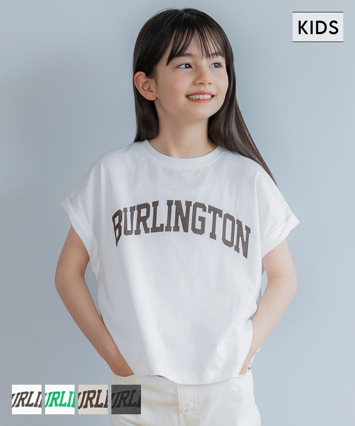 キッズ 110-140 Tシャツ カットソー フレンチスリーブ ロールアップ プリント ロゴ クルーネック コットン 半袖 女の子 親子お揃い 子供服 メール便可