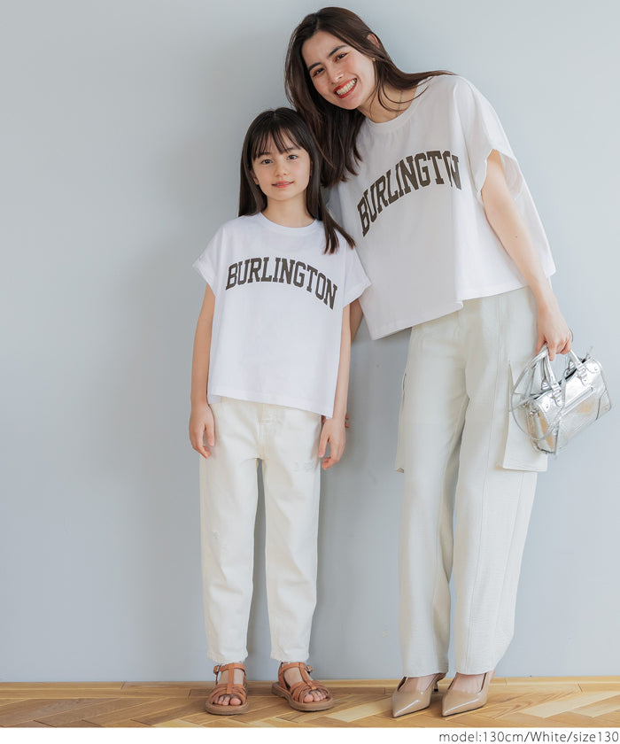 キッズ 110-140 Tシャツ カットソー フレンチスリーブ ロールアップ プリント ロゴ クルーネック コットン 半袖 女の子 親子お揃い 子供服 メール便可