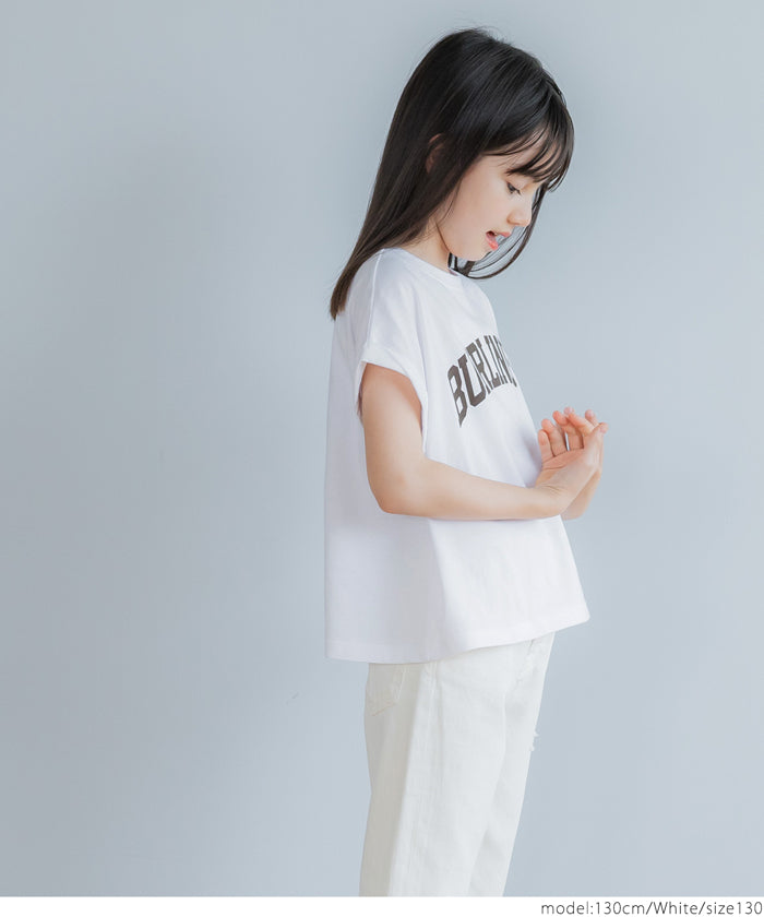 キッズ 110-140 Tシャツ カットソー フレンチスリーブ ロールアップ プリント ロゴ クルーネック コットン 半袖 女の子 親子お揃い 子供服 メール便可