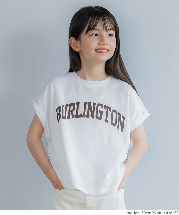 キッズ 110-140 Tシャツ カットソー フレンチスリーブ ロールアップ プリント ロゴ クルーネック コットン 半袖 女の子 親子お揃い 子供服 メール便可