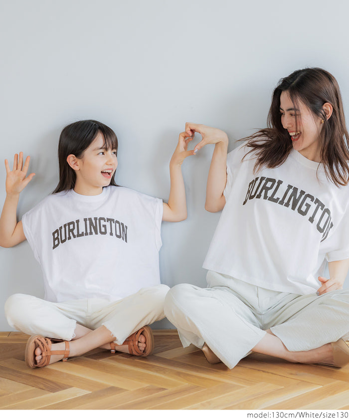 キッズ 110-140 Tシャツ カットソー フレンチスリーブ ロールアップ プリント ロゴ クルーネック コットン 半袖 女の子 親子お揃い 子供服 メール便可