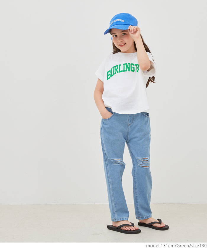 キッズ 110-140 Tシャツ カットソー フレンチスリーブ ロールアップ プリント ロゴ クルーネック コットン 半袖 女の子 親子お揃い 子供服 メール便可