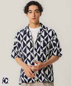 Shirt men's open collar shirt pattern shirt geometric pattern pattern haori open front layered short sleeve chest pocket medium length total pattern mail delivery available 23ss coca coca