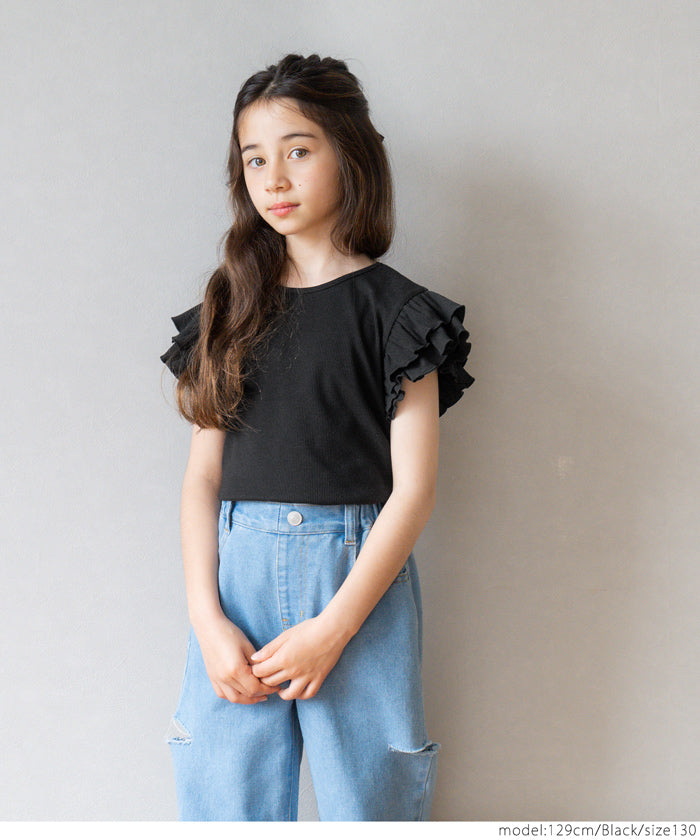 キッズ 120-150 Tシャツ 肩フリル カットソー クルーネック カジュアル 無地 女の子 キッズオリジナル 子供服 メール便可 coca コカ